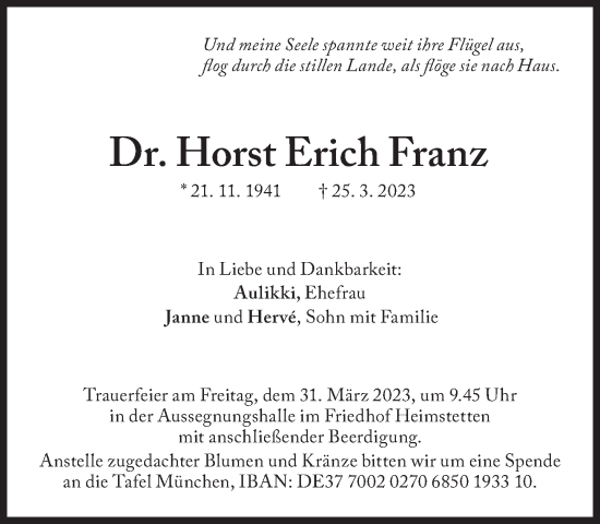Traueranzeige von Horst Erich Franz von Süddeutsche Zeitung
