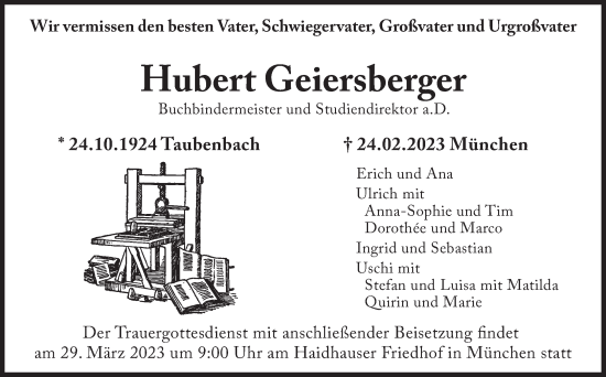 Traueranzeige von Hubert Geiersberger von Süddeutsche Zeitung