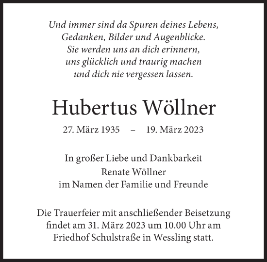 Traueranzeige von Hubertus Wöllner von Süddeutsche Zeitung