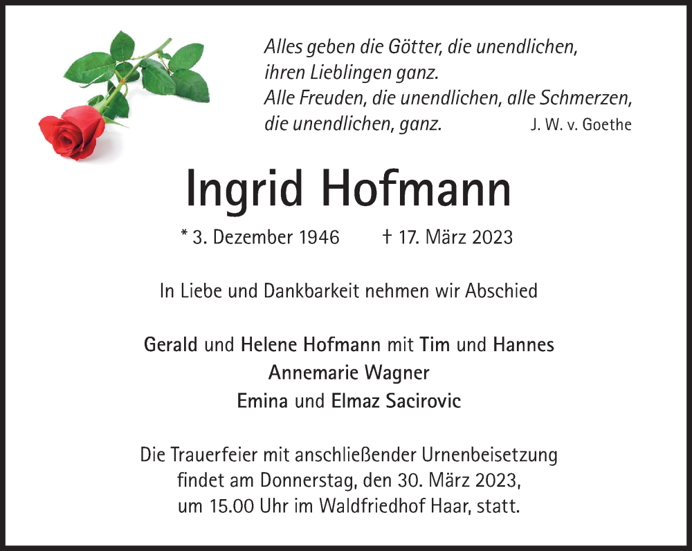  Traueranzeige für Ingrid Hofmann vom 25.03.2023 aus Süddeutsche Zeitung