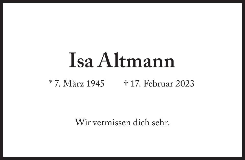  Traueranzeige für Isa Altmann vom 11.03.2023 aus Süddeutsche Zeitung