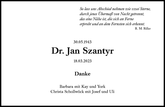 Traueranzeige von Jan Szantyr von Süddeutsche Zeitung