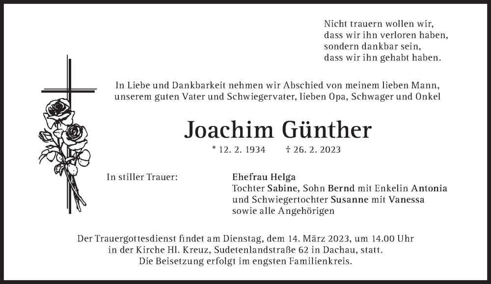  Traueranzeige für Joachim Günther vom 09.03.2023 aus Süddeutsche Zeitung
