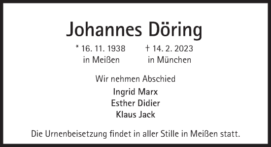 Traueranzeige von Johannes Döring von Süddeutsche Zeitung