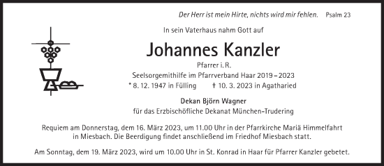 Traueranzeige von Johannes Kanzler von Süddeutsche Zeitung