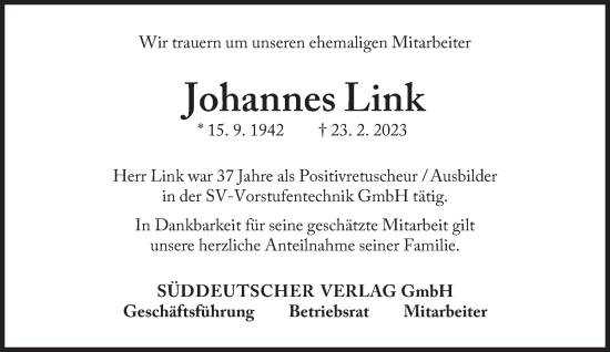 Traueranzeige von Johannes Link von Süddeutsche Zeitung