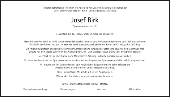 Traueranzeige von Josef Birk von Süddeutsche Zeitung