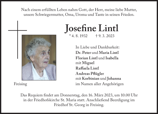 Traueranzeige von Josefine Lintl von Süddeutsche Zeitung