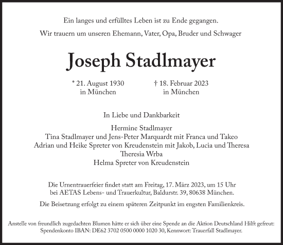 Traueranzeige von Joseph Stadlmayer von Süddeutsche Zeitung