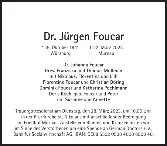 Traueranzeige von Jürgen Foucar von Süddeutsche Zeitung