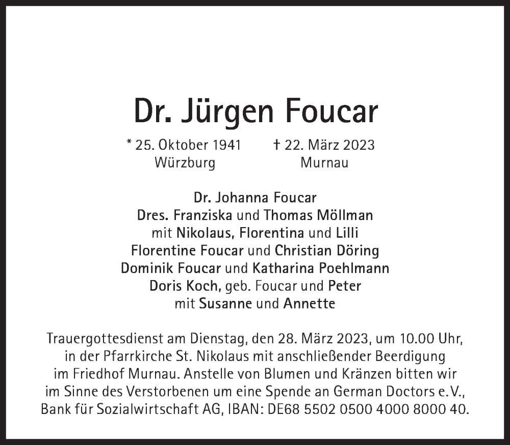 Traueranzeige für Jürgen Foucar vom 25.03.2023 aus Süddeutsche Zeitung