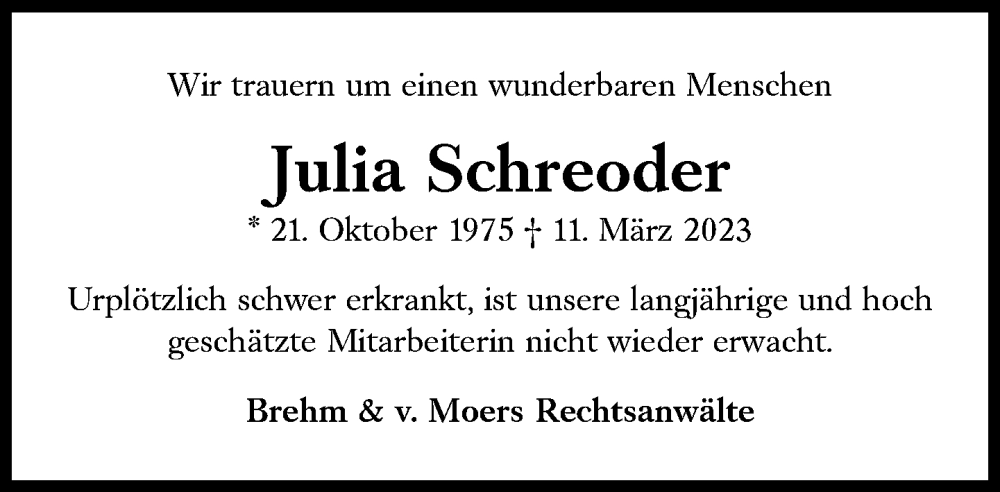  Traueranzeige für Julia Schreoder vom 18.03.2023 aus Süddeutsche Zeitung