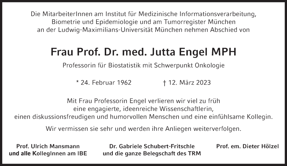  Traueranzeige für Jutta Engel vom 18.03.2023 aus Süddeutsche Zeitung