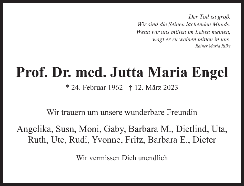  Traueranzeige für Jutta Maria Engel vom 18.03.2023 aus Süddeutsche Zeitung