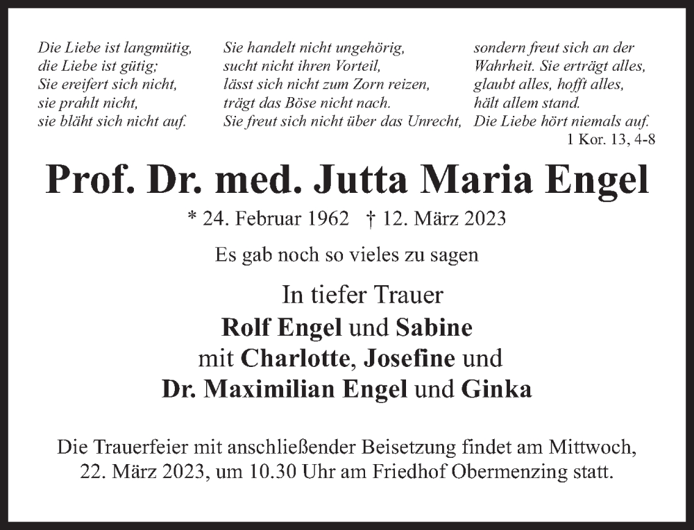  Traueranzeige für Jutta Maria Engel vom 18.03.2023 aus Süddeutsche Zeitung