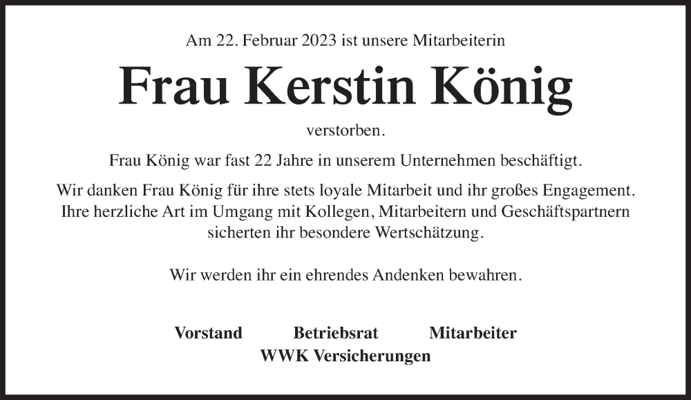  Traueranzeige für Kerstin König vom 16.03.2023 aus Süddeutsche Zeitung