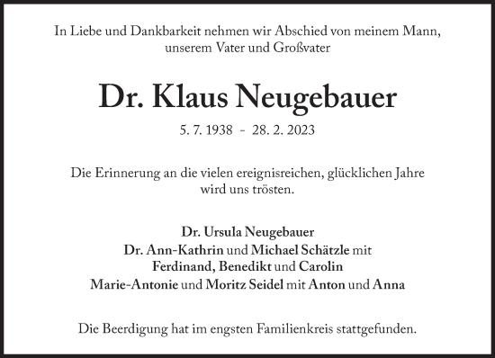 Traueranzeige von Klaus Neugebauer von Süddeutsche Zeitung