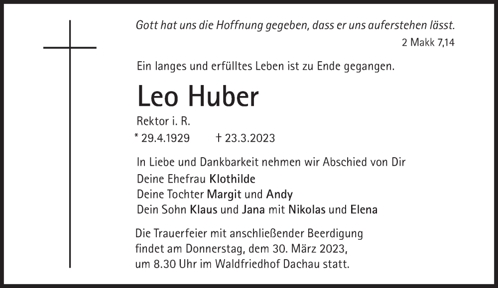  Traueranzeige für Leo Huber vom 25.03.2023 aus Süddeutsche Zeitung