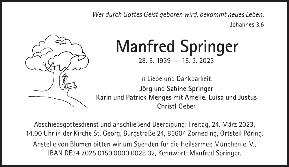  Traueranzeige für Manfred Springer vom 18.03.2023 aus Süddeutsche Zeitung