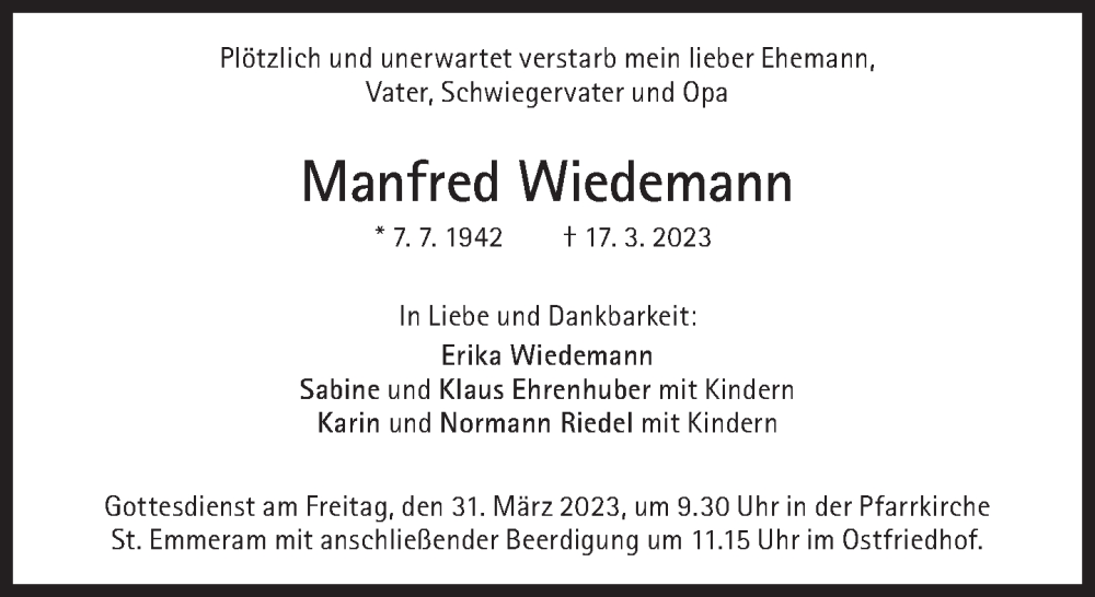  Traueranzeige für Manfred Wiedemann vom 25.03.2023 aus Süddeutsche Zeitung