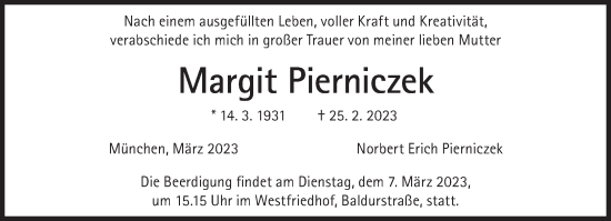 Traueranzeige von Margit Pierniczek von Süddeutsche Zeitung