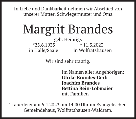 Traueranzeige von Margrit Brandes von Süddeutsche Zeitung