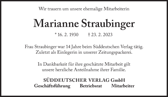 Traueranzeige von Marianne Straubinger von Süddeutsche Zeitung