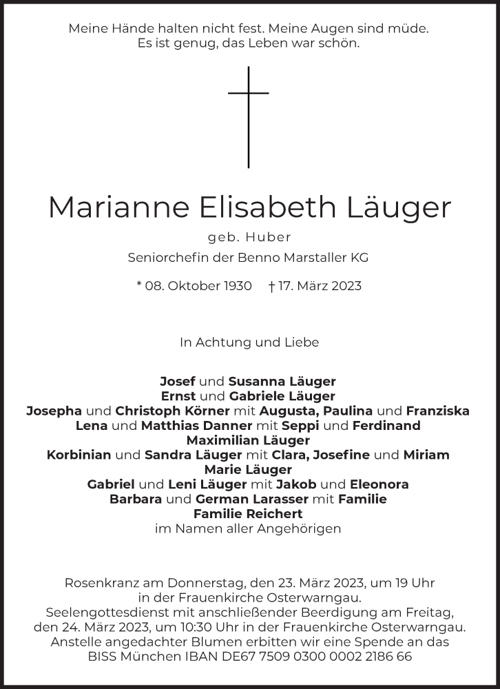  Traueranzeige für Marianne Elisabeth Läuger vom 22.03.2023 aus Süddeutsche Zeitung
