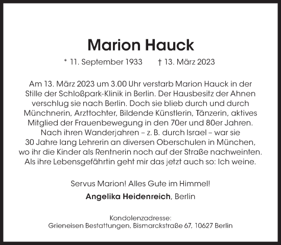 Traueranzeige von Marion Hauck von Süddeutsche Zeitung