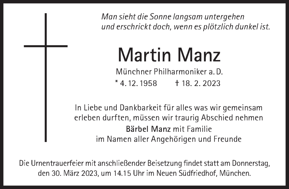  Traueranzeige für Martin Manz vom 18.03.2023 aus Süddeutsche Zeitung