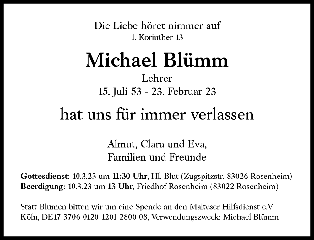  Traueranzeige für Michael Blümm vom 04.03.2023 aus Süddeutsche Zeitung