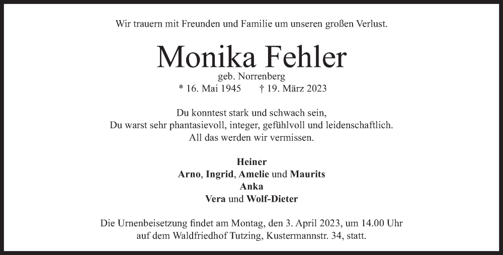  Traueranzeige für Monika Fehler vom 25.03.2023 aus Süddeutsche Zeitung