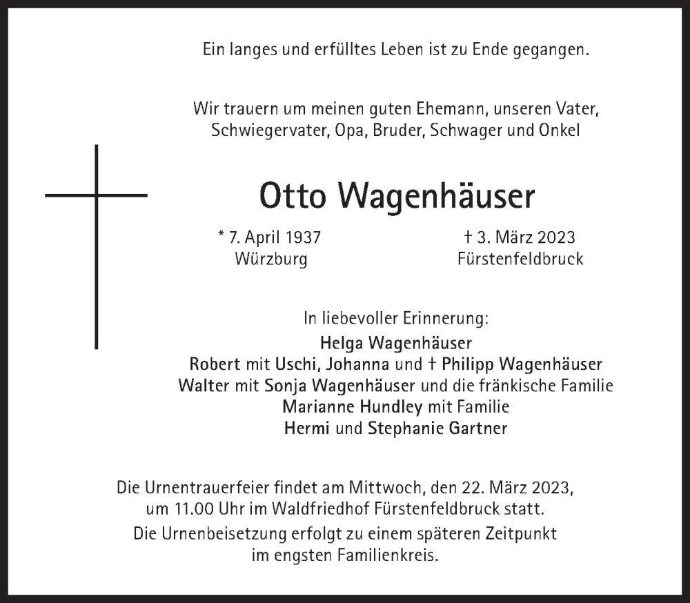  Traueranzeige für Otto Wagenhäuser vom 11.03.2023 aus Süddeutsche Zeitung