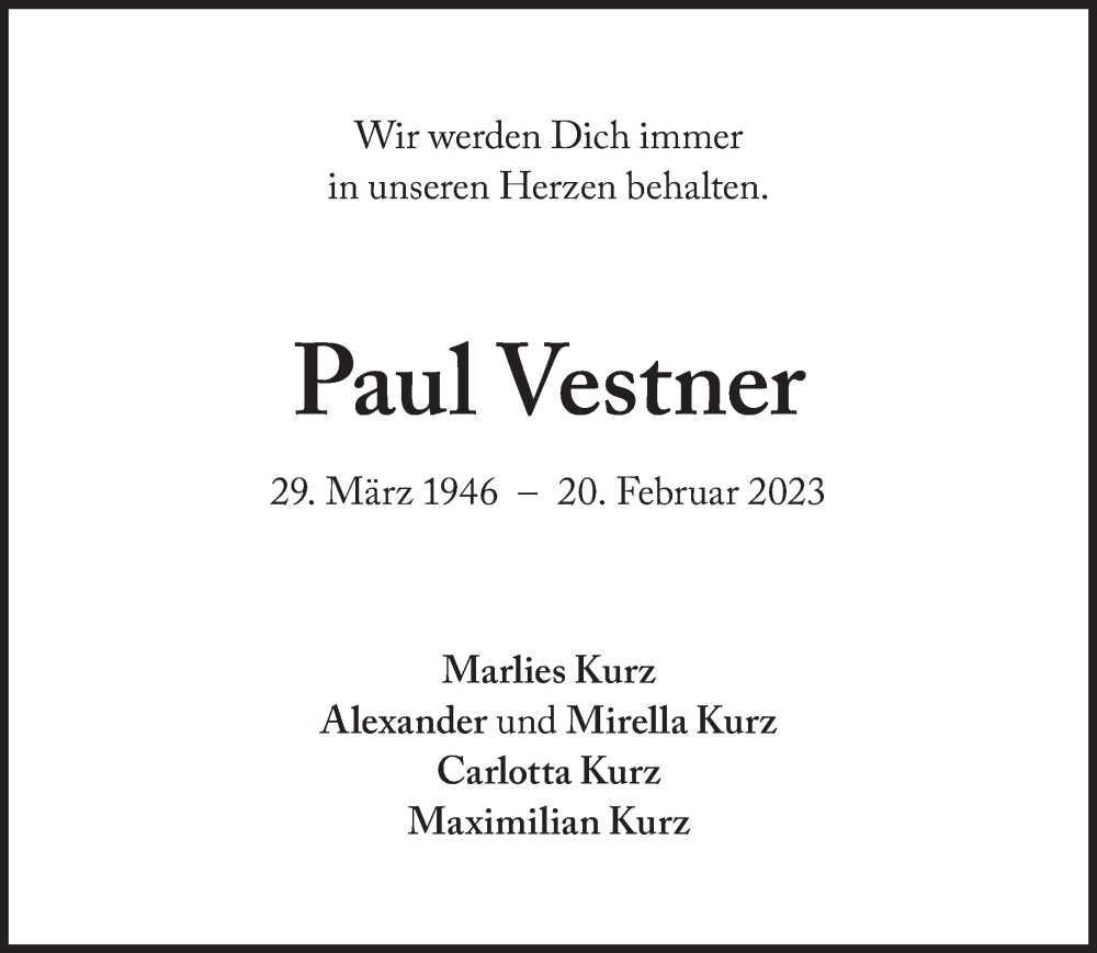  Traueranzeige für Paul Vestner vom 18.03.2023 aus Süddeutsche Zeitung