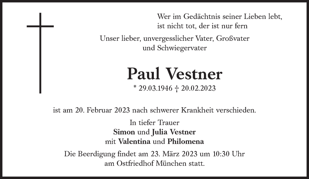  Traueranzeige für Paul Vestner vom 21.03.2023 aus Süddeutsche Zeitung