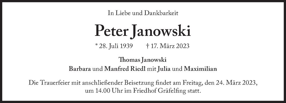  Traueranzeige für Peter Janowski vom 22.03.2023 aus Süddeutsche Zeitung