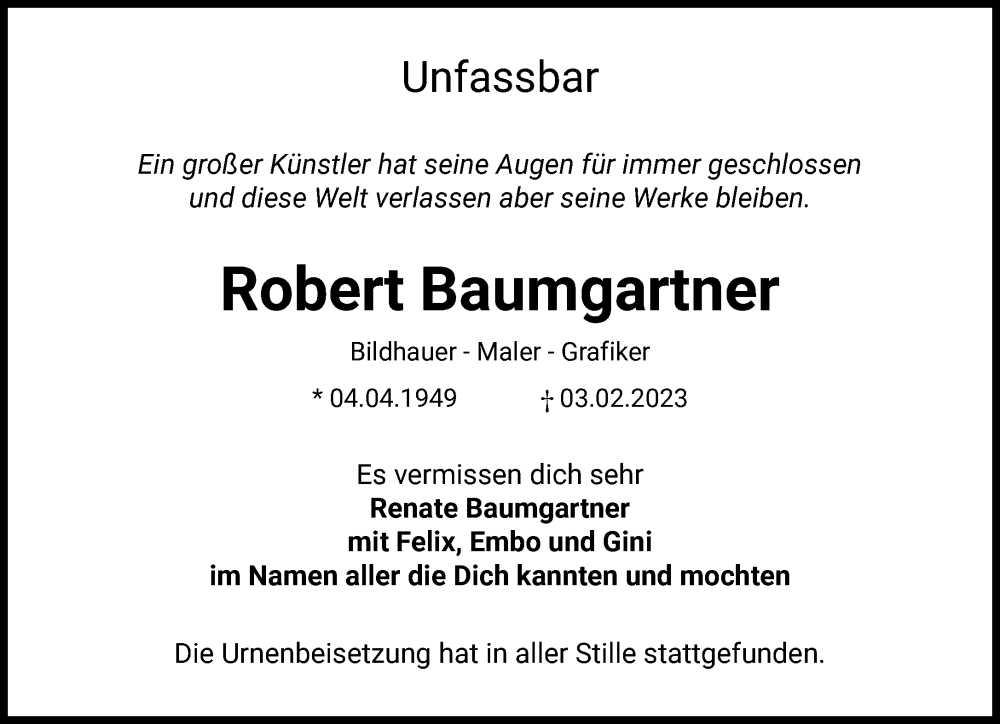  Traueranzeige für Robert Baumgartner vom 04.03.2023 aus Süddeutsche Zeitung