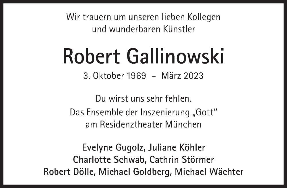  Traueranzeige für Robert Gallinowski vom 31.03.2023 aus Süddeutsche Zeitung