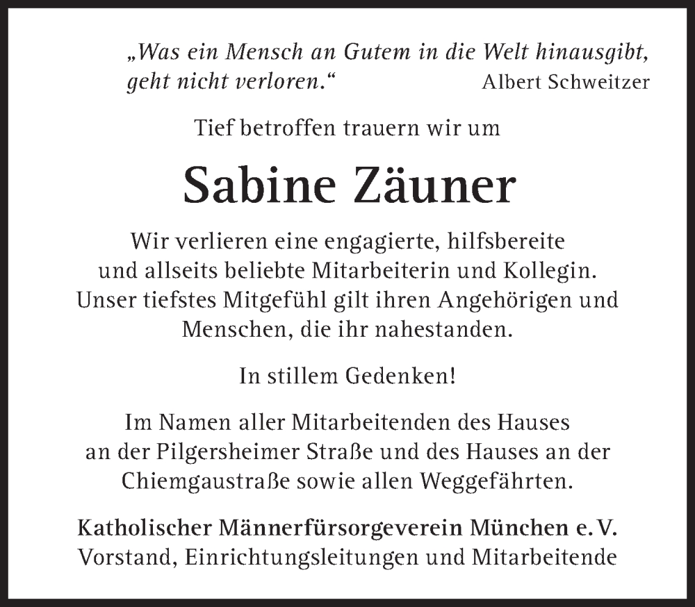  Traueranzeige für Sabine Zäuner vom 04.03.2023 aus Süddeutsche Zeitung