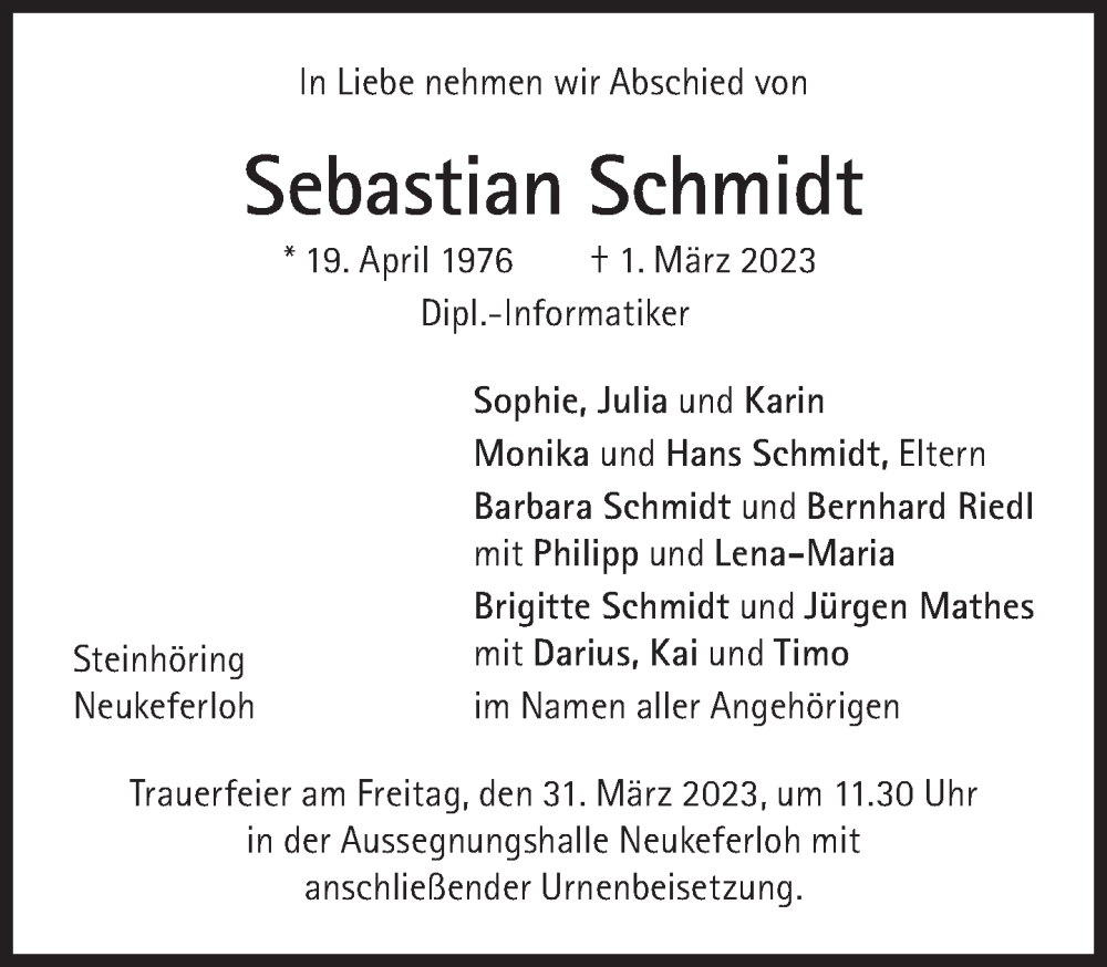  Traueranzeige für Sebastian Schmidt vom 11.03.2023 aus Süddeutsche Zeitung