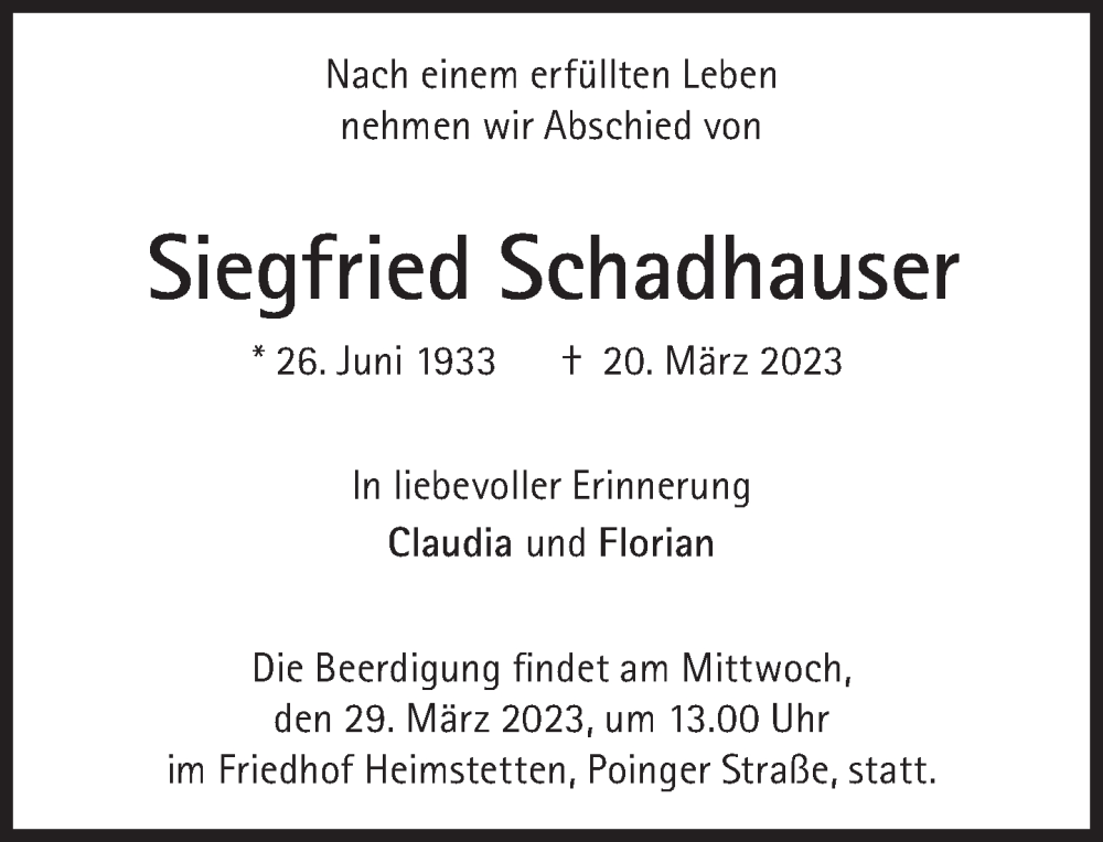  Traueranzeige für Siegfried Schadhauser vom 25.03.2023 aus Süddeutsche Zeitung