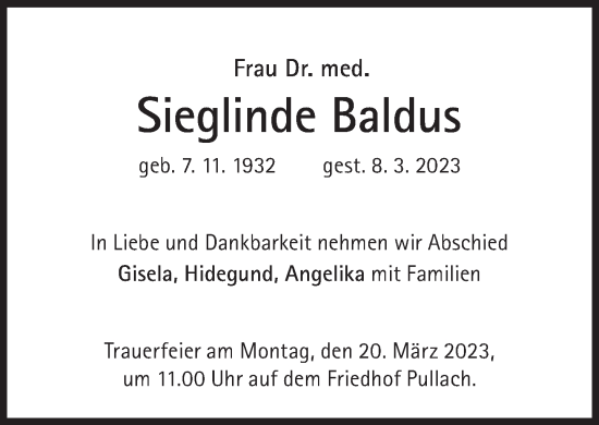 Traueranzeige von Sieglinde Baldus von Süddeutsche Zeitung