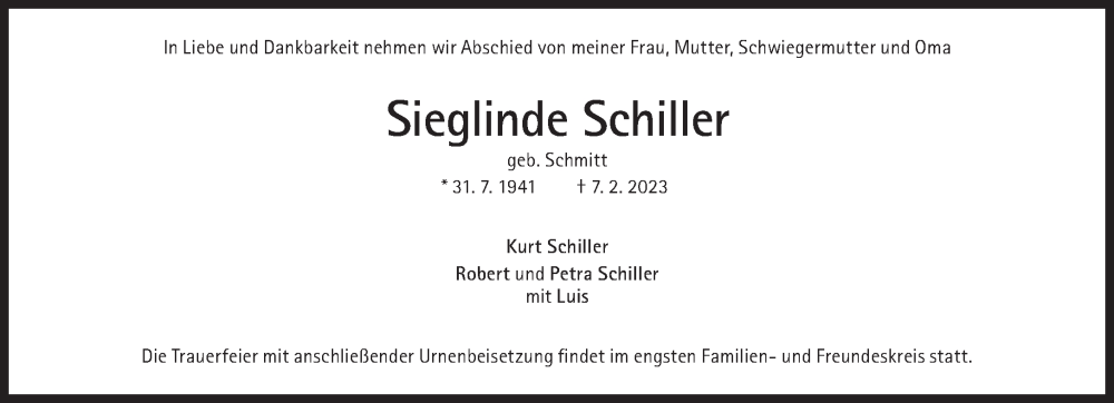  Traueranzeige für Sieglinde Schiller vom 04.03.2023 aus Süddeutsche Zeitung