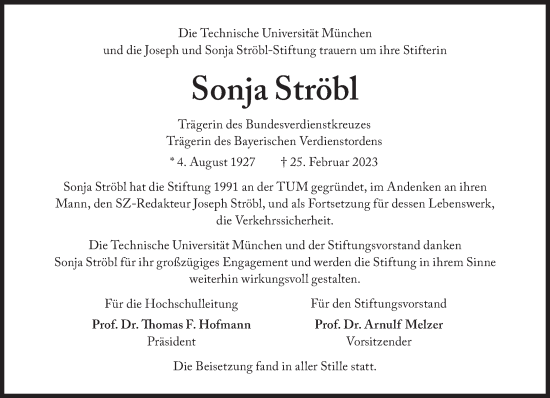 Traueranzeige von Sonja Ströbl von Süddeutsche Zeitung