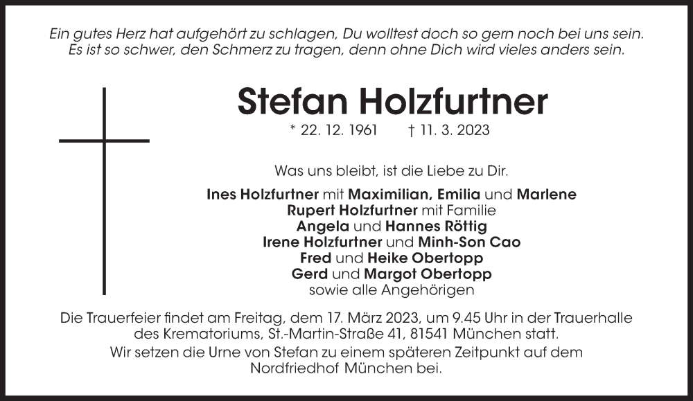  Traueranzeige für Stefan Holzfurtner vom 15.03.2023 aus Süddeutsche Zeitung
