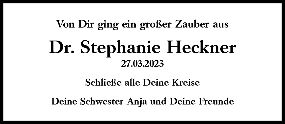  Traueranzeige für Stephanie Heckner vom 31.03.2023 aus Süddeutsche Zeitung