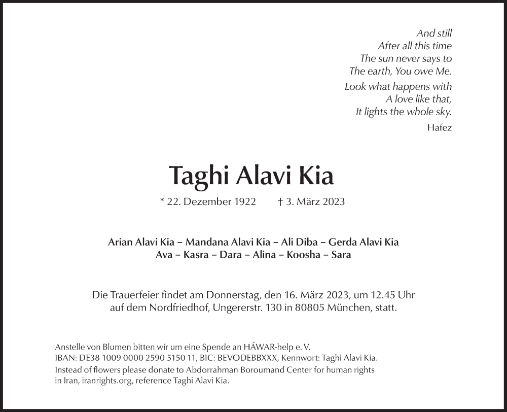  Traueranzeige für Taghi Alavi Kia vom 11.03.2023 aus Süddeutsche Zeitung