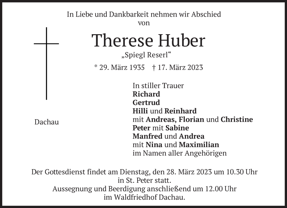  Traueranzeige für Therese Huber vom 24.03.2023 aus Süddeutsche Zeitung