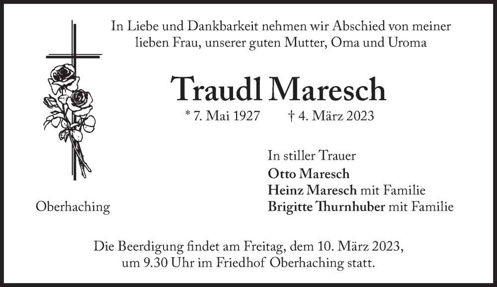  Traueranzeige für Traudl Maresch vom 08.03.2023 aus Süddeutsche Zeitung