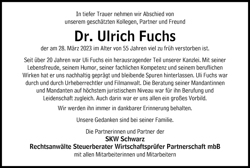  Traueranzeige für Ulrich Fuchs vom 01.04.2023 aus Süddeutsche Zeitung